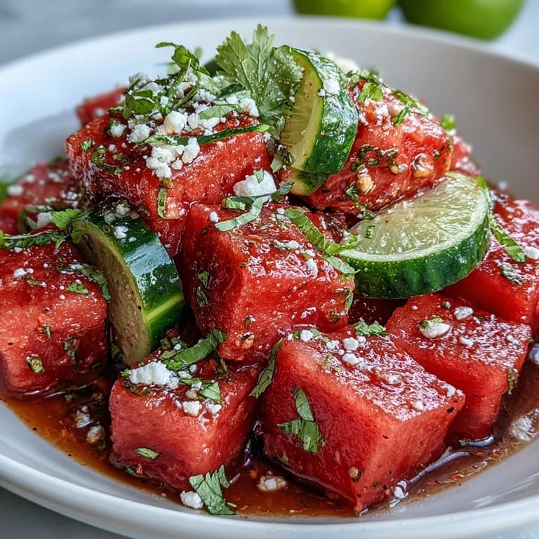 Easy watermelon cucumber salad with lime zest and zesty Tajin seasoning.