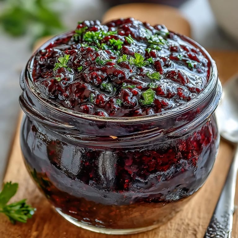 Spicy and sweet Blackberry Jalapeño BBQ Sauce simmering, showcasing vibrant ruby red fruit.
