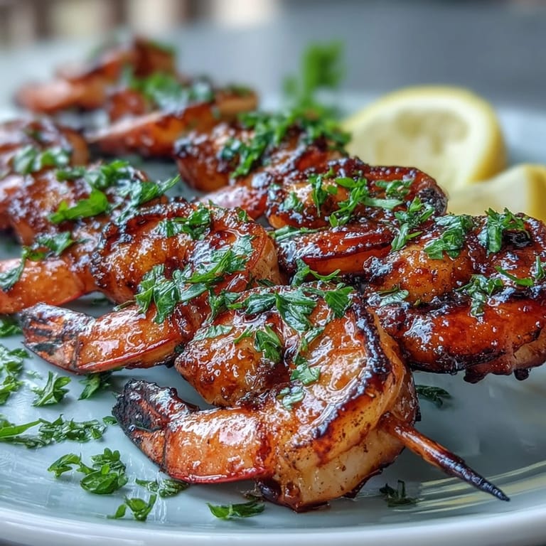 Flavorful honey garlic shrimp skewers, hot off the grill, ready to enjoy.