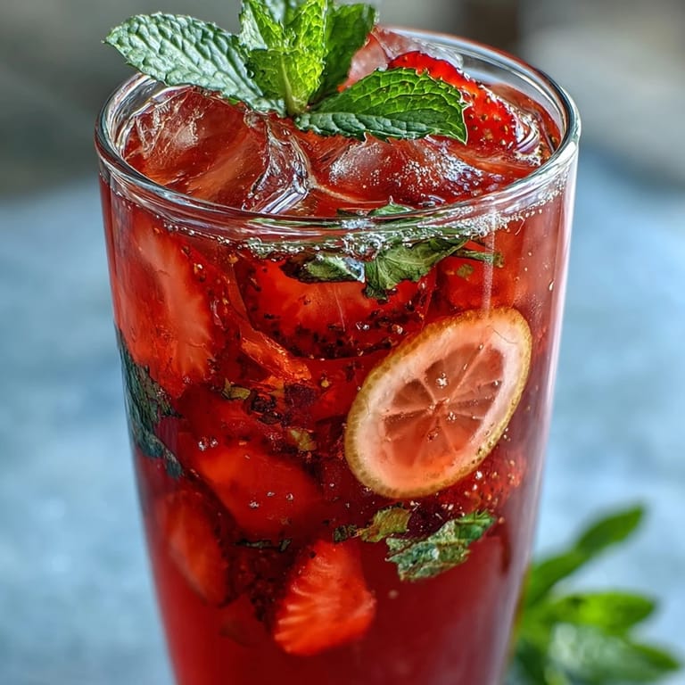 Enjoy this gorgeous, ruby red hibiscus strawberry lemonade, perfect for summer gatherings.
