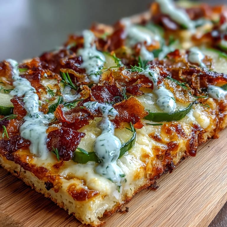 Warm Pickle Pizza Flatbread, loaded with melted cheese and dill pickle slices.
