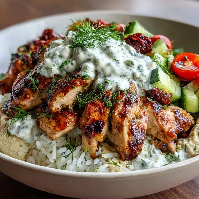 Flavorful Greek chicken bowls topped with cool tzatziki, perfect for lunch.