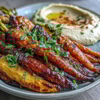 Oven-roasted rainbow carrots with creamy hummus on a platter.  