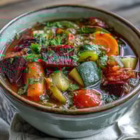 Hearty bowl of Rainbow Vegetable Detox Soup garnished with fresh parsley, served alongside crusty whole-grain bread.