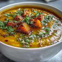 Close-up of creamy, vibrant orange Butternut Squash and Lentil Soup, garnished with fresh cilantro and a lemon wedge.