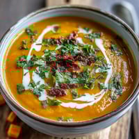 A steaming bowl of Carrot, Celeriac and Chilli Soup, garnished with fresh herbs and a coconut yogurt swirl.
