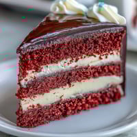 A close-up of the finished Betty Boop Cake shows its velvety red layers peeking from under smooth cream cheese buttercream.