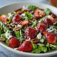 Spring Dinner Party Strawberry Arugula Salad with Balsamic Glaze, showcasing ripe strawberries, peppery arugula, creamy goat cheese, and toasted nuts.