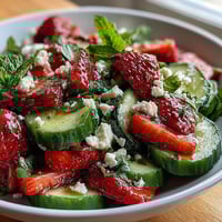 Fresh cucumber and strawberry salad with mint, a vibrant spring dish bursting with color and refreshing flavor.