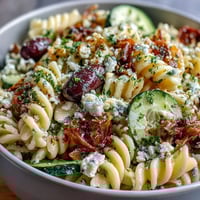 A colorful Greek pasta salad with olives, feta, and fresh vegetables, perfect for summer picnics and gatherings.