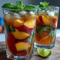 Vibrant mango peach sangria with citrus slices, mint, and sparkling water, perfect for summer gatherings and outdoor picnics.