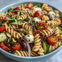 Colorful summer pasta salad with cherry tomatoes, cucumber, and Italian dressing—ideal for picnics or light lunches.  