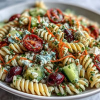 Colorful Memorial Day Pasta Salad with vibrant veggies and zesty Italian dressing.