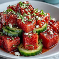 Juicy watermelon cucumber salad with tajin and lime, perfectly chilled for summer.