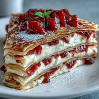 Mother's Day Crêpe Cake: layered with strawberry mascarpone and fresh berries.
