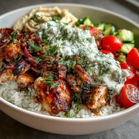 Juicy Greek chicken bowls with creamy tzatziki, vibrant veggies, and hummus.